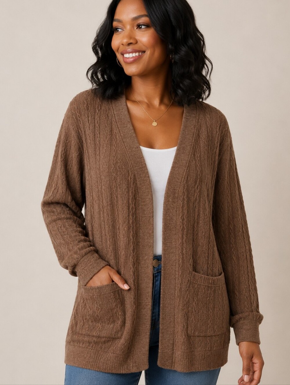 JULYCLO Brown Cable Knit Cardigan Sweaterw Pockets -NIP